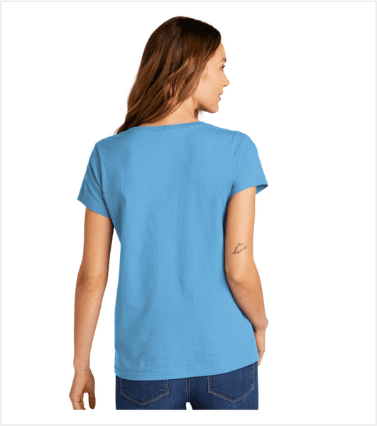 Ladies Soft Cotton AQUATIC BLUE V-neck T with Printed Classic Logo in White