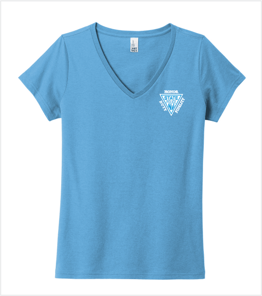 Ladies Soft Cotton AQUATIC BLUE V-neck T with Printed Classic Logo in White