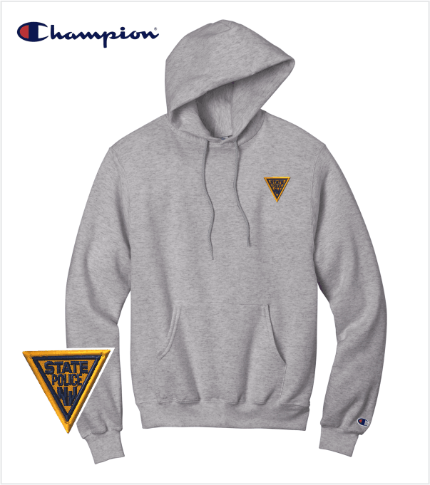 CHAMPION Light Steel Hoodie with Iconic Embroidered Logo True Blue and Gold