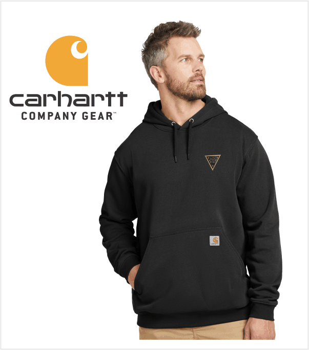 企業ロゴ　パーカー　Carhartt Black Hoodie 墨黒　フェード CARHARTT Hood BLACK with Embroidered Logo – True Blue and Gold