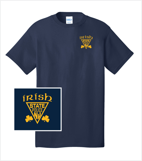 IRISH Navy T-Shirt with Printed Triangle and Shamrocks in Gold
