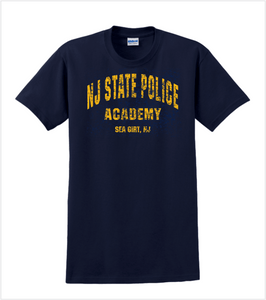 Navy T-Shirt with Printed NJSP ACADEMY, Sea Girt, NJ Logo in Distressed Gold