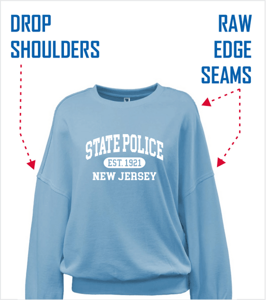 Ladies LAKE BLUE DROP SHOULDER Crewneck with Printed Full Front Logo