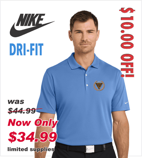 NIKE Valor Blue DRI-FIT Polo with Embroidered Wreath Logo