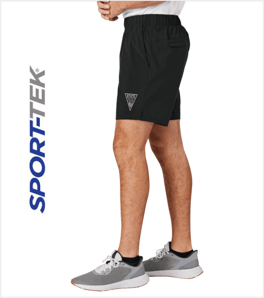 BLACK Moisture-Wicking SPORT-TEK Athletic SHORTS with Pockets and Printed Triangle Logo
