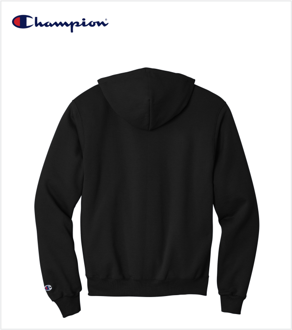 Black champion hoodie with white writing sale