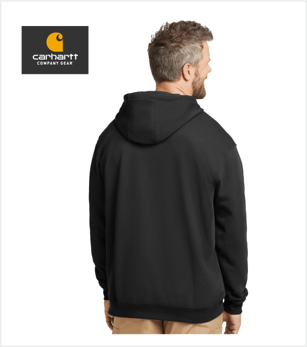 企業ロゴ　パーカー　Carhartt Black Hoodie 墨黒　フェード CARHARTT Hood BLACK with Embroidered Logo – True Blue and Gold