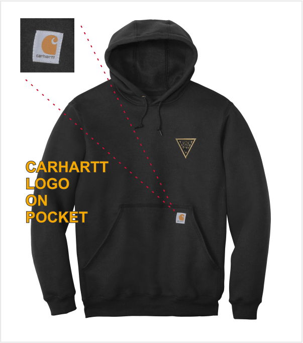 企業ロゴ　パーカー　Carhartt Black Hoodie 墨黒　フェード CARHARTT Hood BLACK with Embroidered Logo – True Blue and Gold
