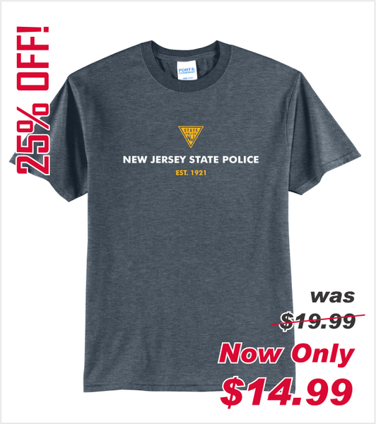 HEATHER Navy T-Shirt with FULL FRONT Printed Logo in Gold and White