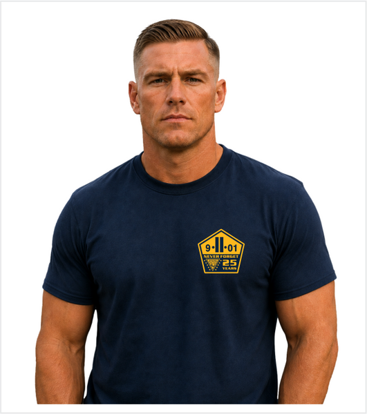 NEVER FORGET 9.11.01 Navy T-Shirt with Commemorative Left Chest Logo