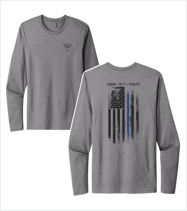 LONG SLEEVE PREMIUM T in ATHLETIC GREY with Printed BLUE LINE US FLAG on Back
