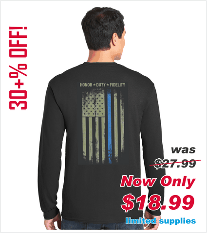 US FLAG - HONOR DUTY FIDELITY Long Sleeve T, Black with Olive Drab and Blue Print