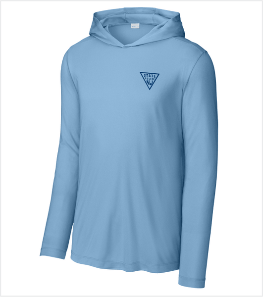 HOODED LONG SLEEVE PERFORMANCE T, Light Blue with Printed Triangle Logo