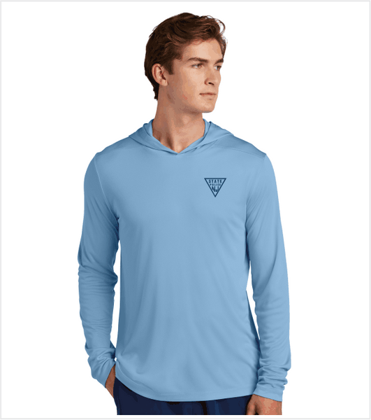 HOODED LONG SLEEVE PERFORMANCE T, Light Blue with Printed Triangle Logo