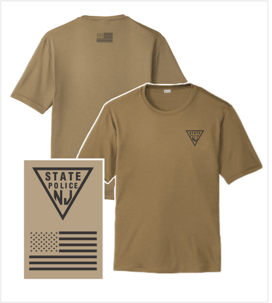 Military COYOTE BROWN Performance T, with Printed Logo & US Flag on Back Collar