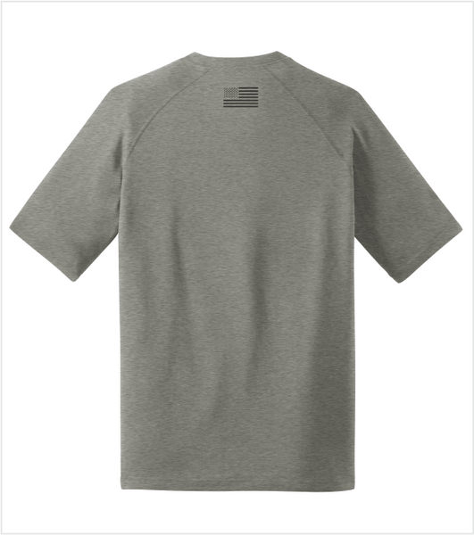 PERFORMANCE PREMIUM T, Heather Grey with Printed Logo & US Flag on Back Collar
