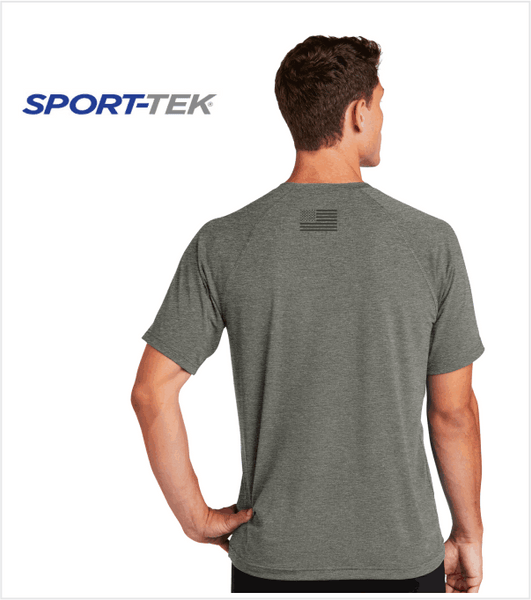 PERFORMANCE PREMIUM T, Heather Grey with Printed Logo & US Flag on Back Collar
