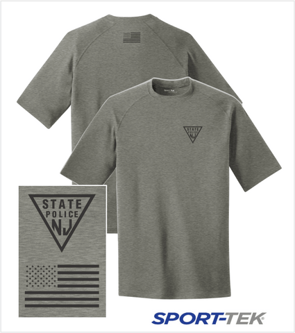 PERFORMANCE PREMIUM T, Heather Grey with Printed Logo & US Flag on Back Collar