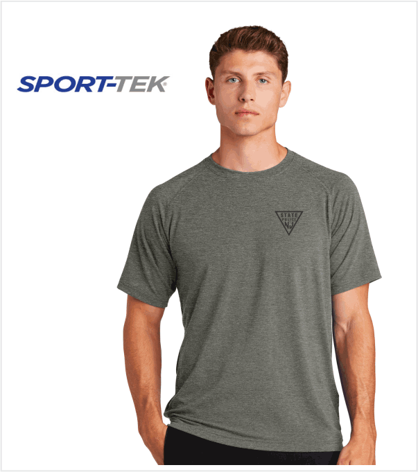 PERFORMANCE PREMIUM T, Heather Grey with Printed Logo & US Flag on