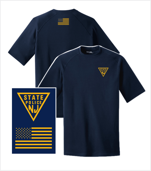 PERFORMANCE PREMIUM T, Navy with Printed Logo & US Flag on Back Collar