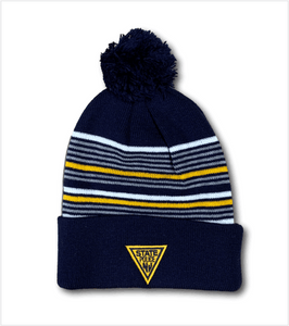 Knit Pom-Pom Navy with Gold/White/Gray Stripes and Gold/Navy Logo