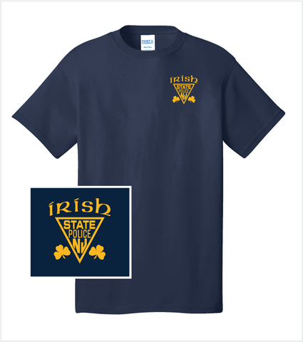 IRISH Navy T-Shirt with Printed Triangle and Shamrocks in Gold