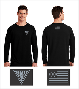 LONG SLEEVE PERFORMANCE PREMIUM T, Black with Printed Logo & US Flag on Back Collar