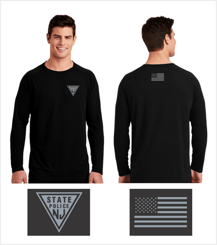 LONG SLEEVE PERFORMANCE PREMIUM T, Black with Printed Logo & US Flag on Back Collar